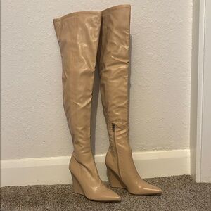 Over-the-Knee Wedge Heel Boots in Tan